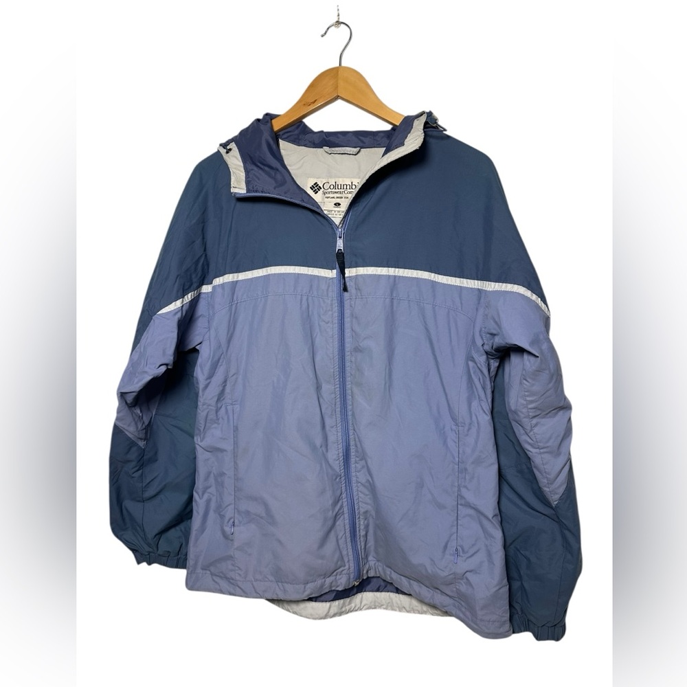 Columbia Full Zip Windbreaker Jacket Hood Womens Sz Large Colorblock Purple Blue